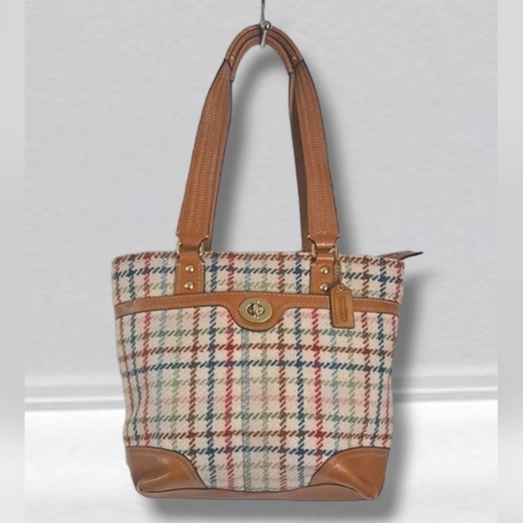 COACH WOOL/LEATHER PLAID SHOULDER BAG - Picture 1 of 17